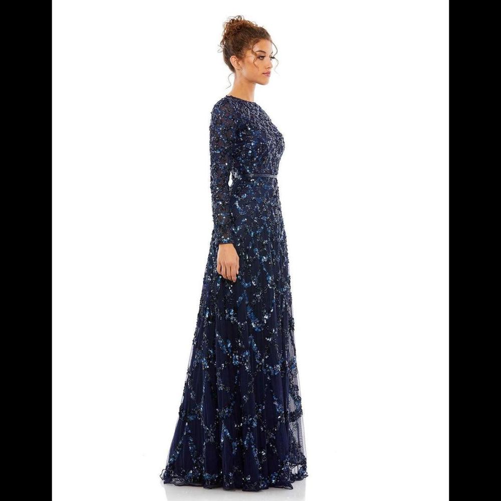 Mac Duggal Navy Blue Long Sleeve Sequin Evening Gown